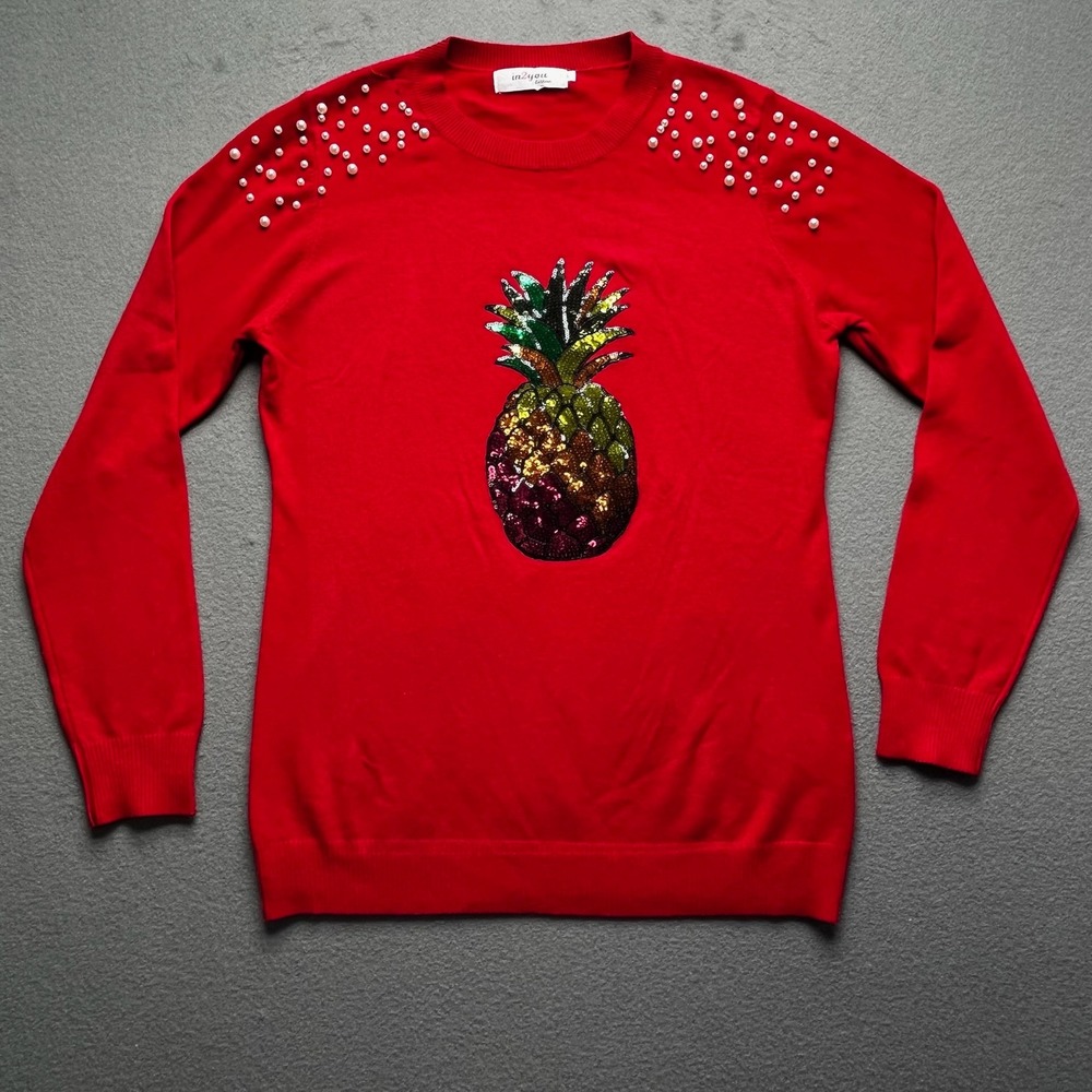 in2you Red Pineapple Sequin Pearl‎ Embellished Long Sleeve Sweater Top Size L